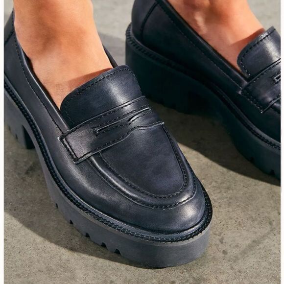 Free People Decker Penny Loafer Black Leather Lug Sole Platform EU 39 US 9